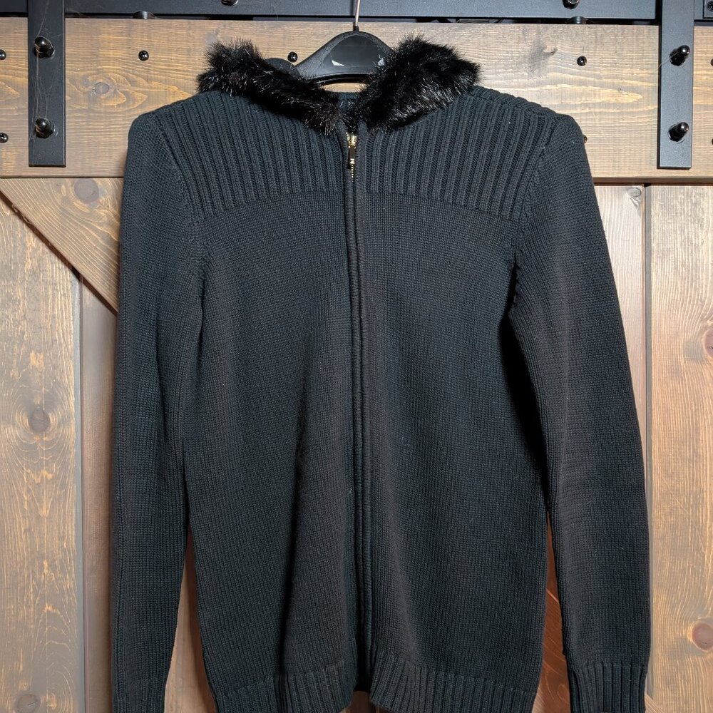 Black knitted zip up sweater with black fur rimmed hoodie size L